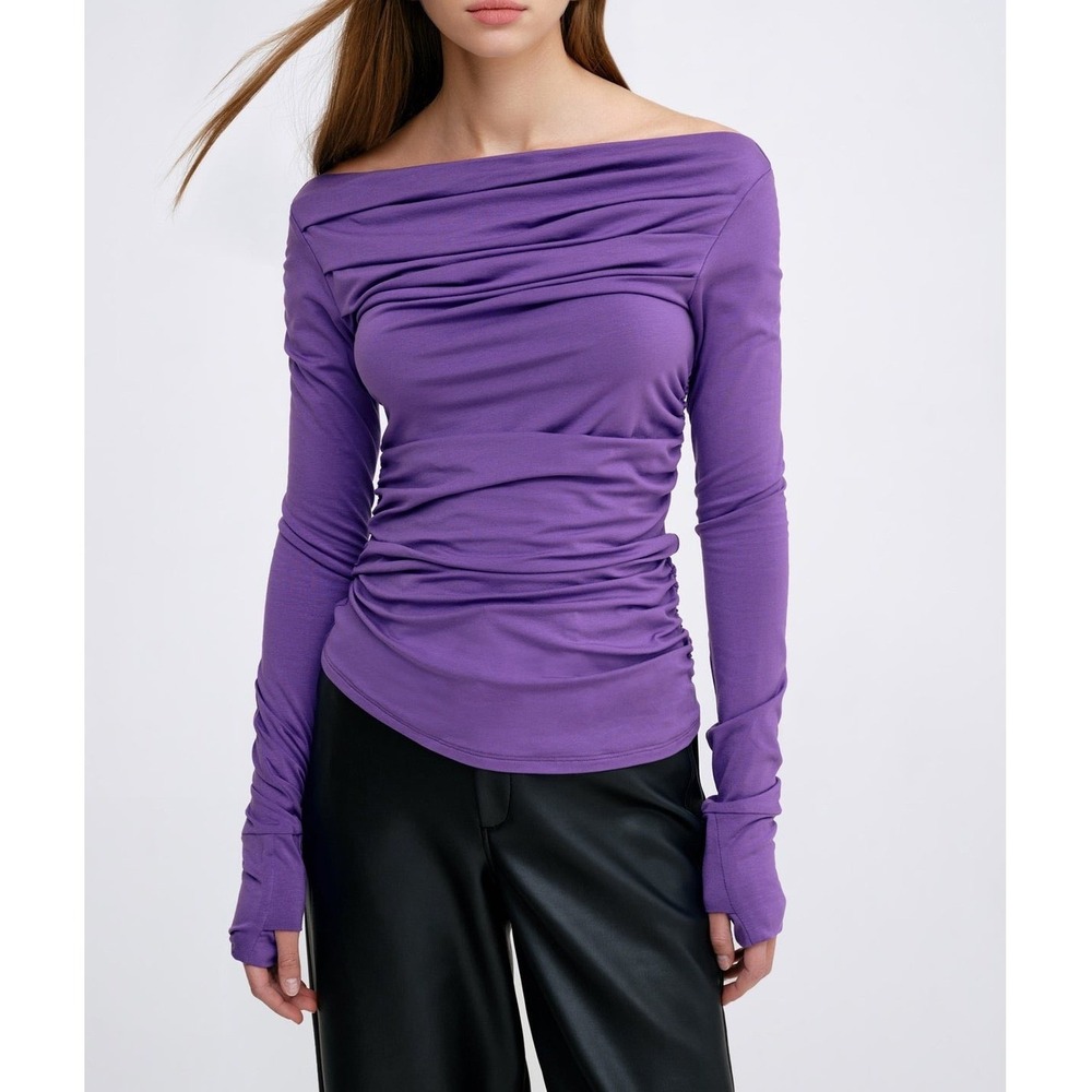 Marcella Cooper Top Women XS Purple Ruched Boatneck Off Shoulder Long Sleeve